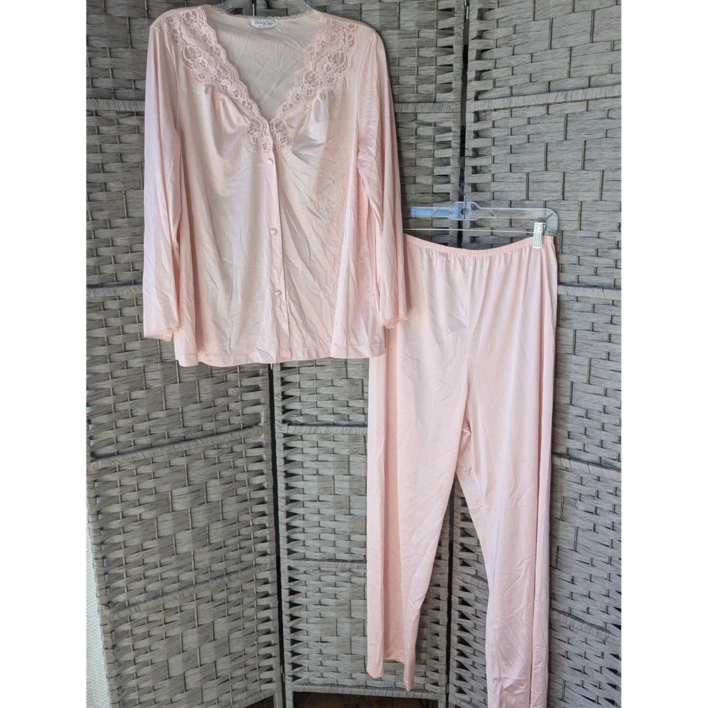Vtg Vanity Fair Pajama 2‎ Pc Set Pink Lace Trim Antron III Nylon Silky Feel Lg
